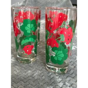 Red Geranium Floral Highball Glasses Set of 4 Retro Mid Century Tumblers